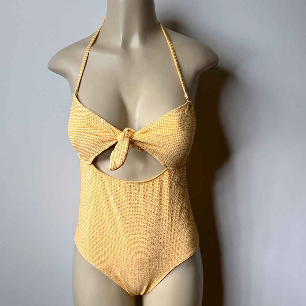No Boundaries White Swimsuit with Yellow Tag Detail